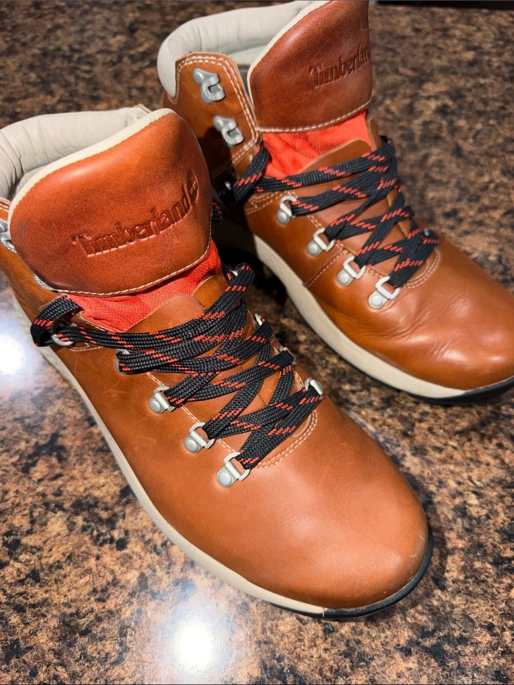 Timberland Men's Cognac Leather Waterproof Boots with Orange Tongue Size 10 -GUC